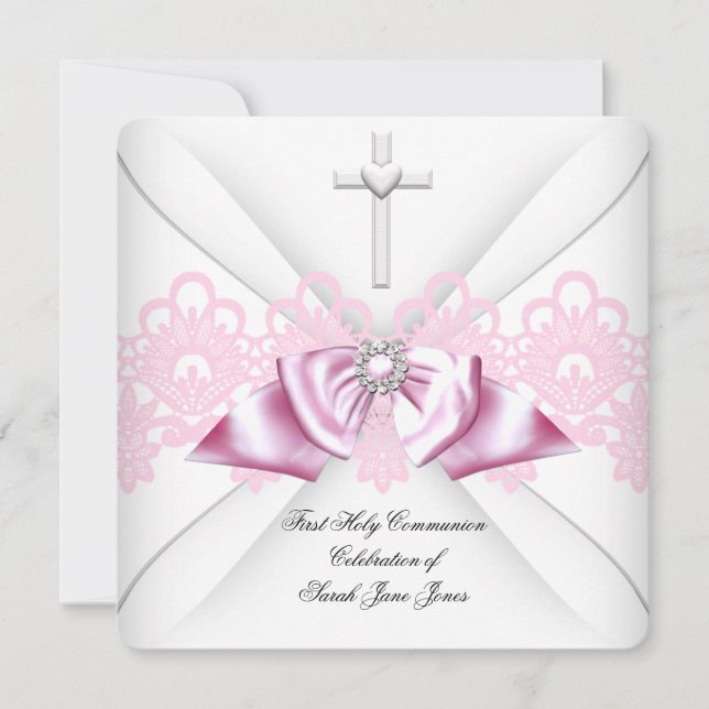 Girl First Holy Communion Pink Lace Bow White Invitation (Front)