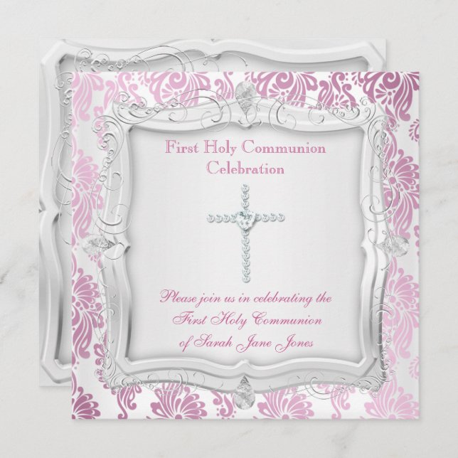 Girl First Holy Communion Pink Silver Cross Invitation (Front/Back)