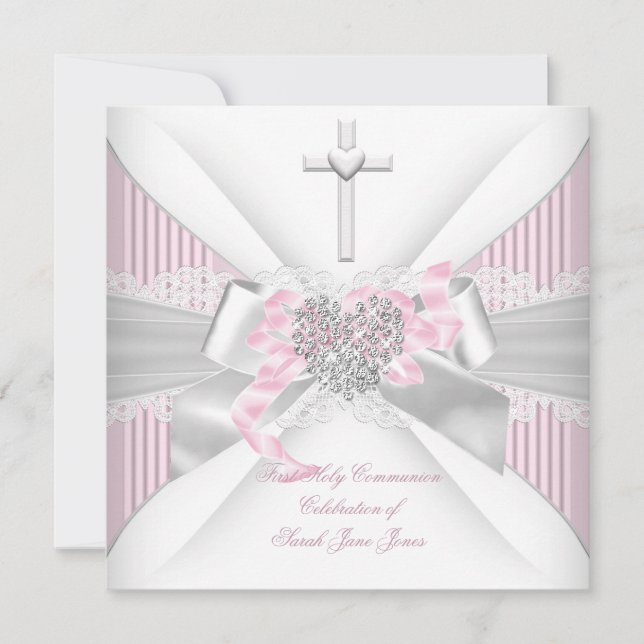 Girl First Holy Communion Pink White Grey Heart 2 Invitation (Front)