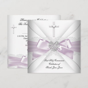 Girl First Holy Communion Pink White Silver Heart Invitation