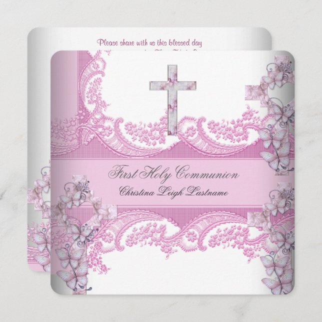 Girl First Holy Communion Pretty Lace Pink Invitation (Front/Back)