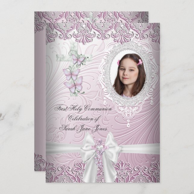 Girl First Holy Communion Pretty Pink Photo Invitation (Front/Back)