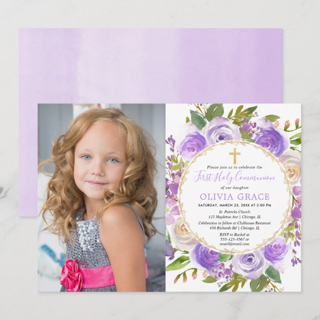 Girl First Holy Communion Purple lavender photo Invitation (Front/Back)