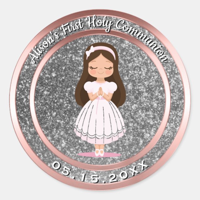 Girl First Holy Communion Silver Rose Gold Classic Round Sticker (Front)