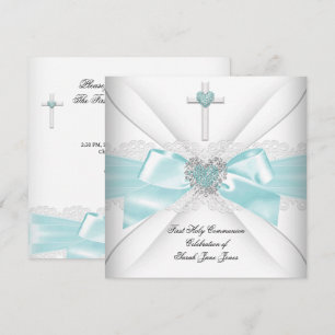 Girl First Holy Communion Teal White Heart Invitation