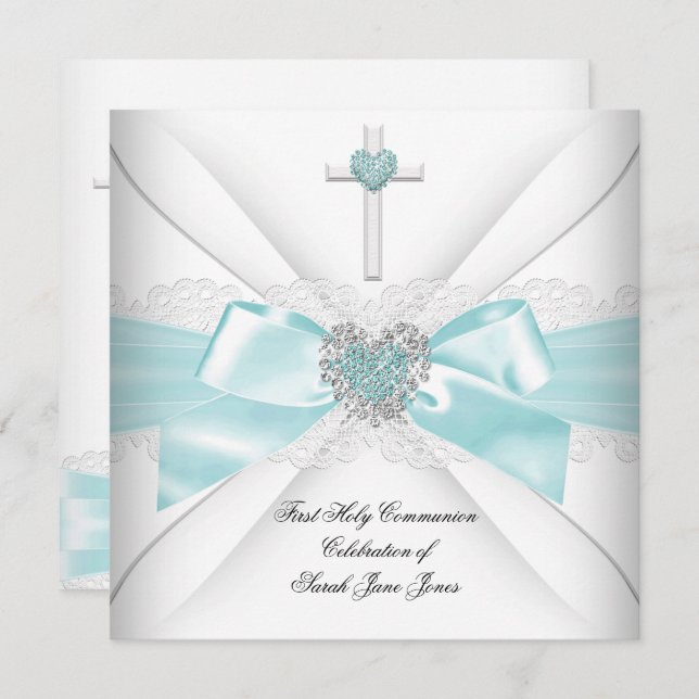 Girl First Holy Communion Teal White Heart Invitation (Front/Back)
