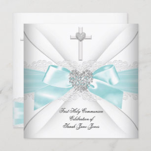 Girl First Holy Communion Teal White Silver Heart Invitation