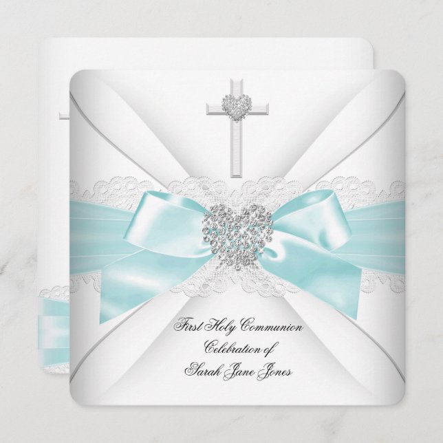 Girl First Holy Communion Teal White Silver Heart Invitation (Front/Back)