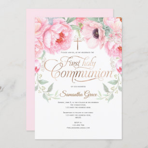 Girl, First Holy Communion, Watercolor Flowers Invitation