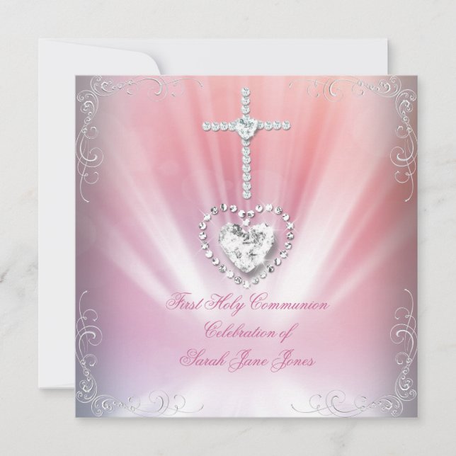 Girl First Holy Communion White Pink Heavenly Invitation (Front)