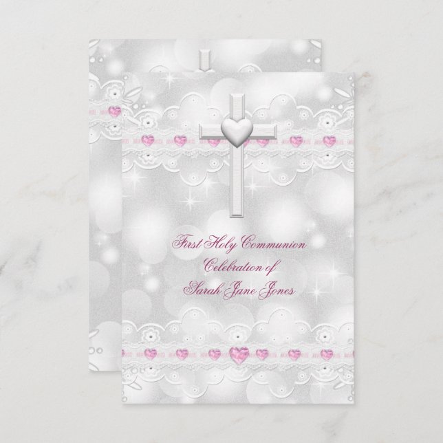 Girl First Holy Communion White Silver Invitation (Front/Back)