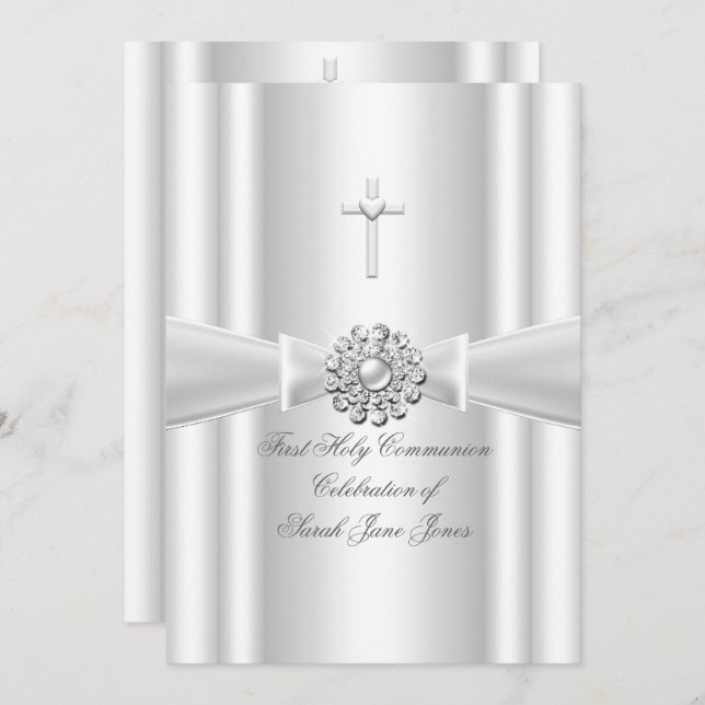 Girl First Holy Communion White Silver Invitation (Front/Back)