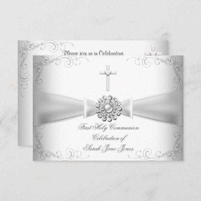Girl First Holy Communion White Silver Invitation (Front/Back)