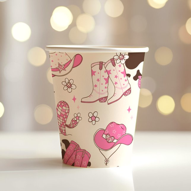 Girl First Rodeo Cowgirl pink brown birthday party Paper Cups (Creator Uploaded)
