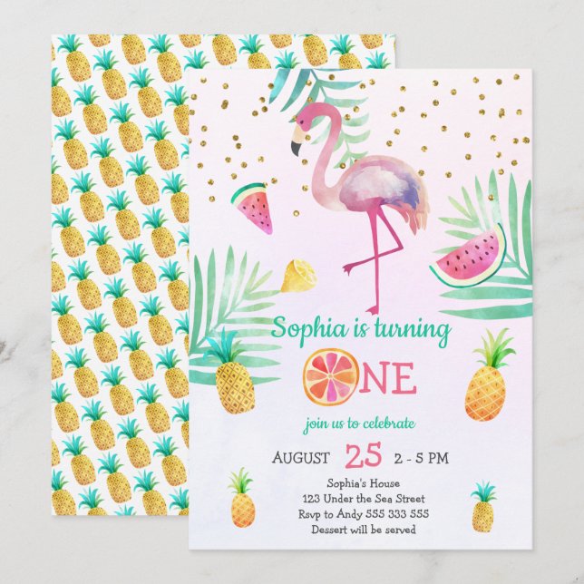 Girl Flamingo 1st Birthday Summer Watercolor Invitation (Front/Back)