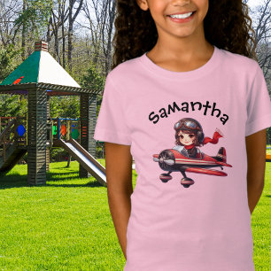 Girl Flies Vintage Airplane Pink Girly T-Shirt