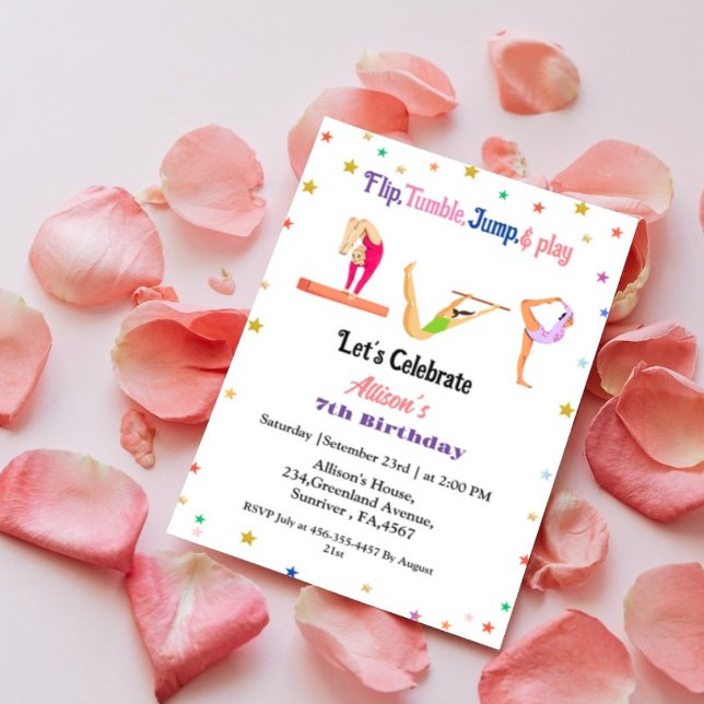 Girl flip tumble jump & play gymnastics birthday  invitation (Creator Uploaded)