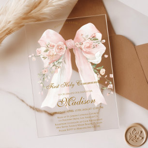 Girl Floral Bow First Holy Communion Acrylic Invitations