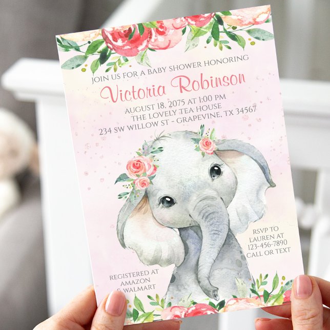 Girl Floral Elephant Baby Shower Invitation (Creator Uploaded)