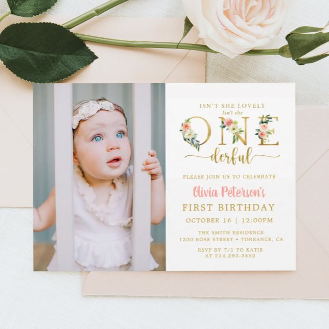 Girl Floral Isn't She Onederful 1st Birthday Photo Invitation (Creator Uploaded)