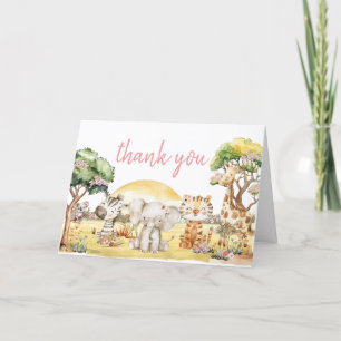 Girl Floral Jungle Safari Animals Baby Shower Thank You Card
