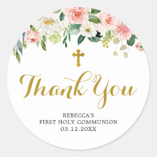 Girl Floral Pink First Communion Thank You Sticker