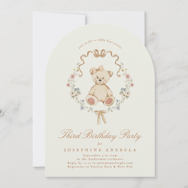 Girl Floral Teddy Bear Sage Arch Birthday Party Invitation (Front)