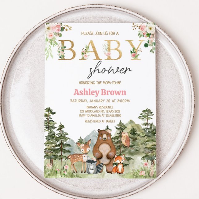 Girl Floral Woodland Animals Baby  Invitation (Pink Floral Woodland Baby Shower Invitation)