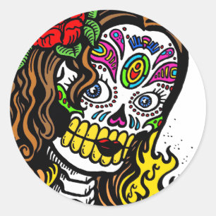 Girl Flower Sugar Skull Classic Round Sticker