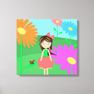Girl, Flowers and Ladybug Canvas Print