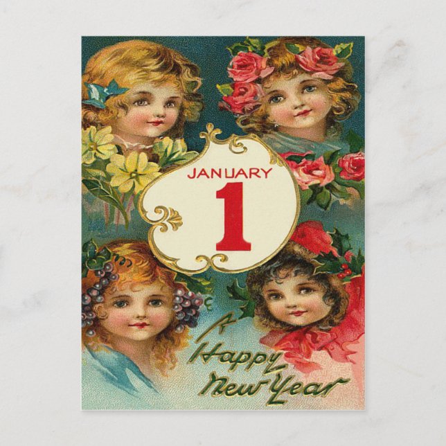 Girl Flowers Jan 1 New Year Holiday Postcard (Front)