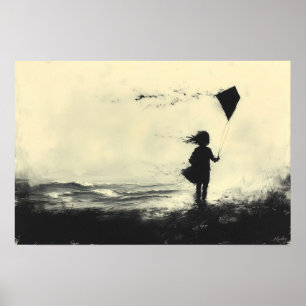 Girl Flying Kite on the Shore at Dusk – Charcoal  Poster