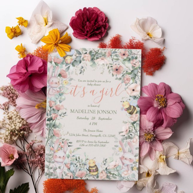 Girl Forest Animals Pink Floral QRcode Baby Shower Invitation (Creator Uploaded)