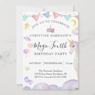 Girl Fourth Birthday Party Magic Unicorn Invitation