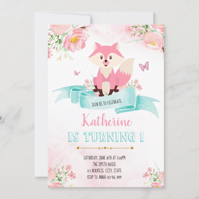 Girl fox birthday invitation (Front)