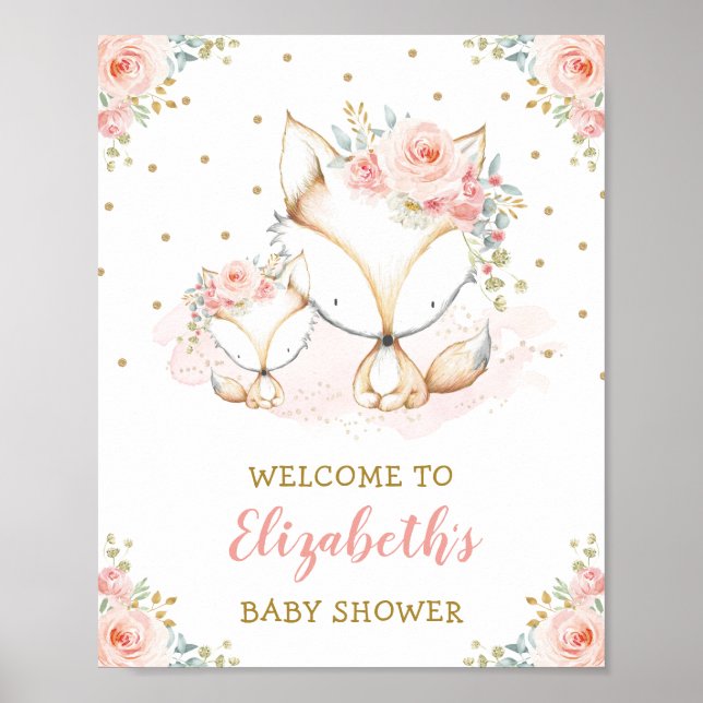 Girl Fox Blush Pink Floral Baby Shower Welcome Poster (Front)