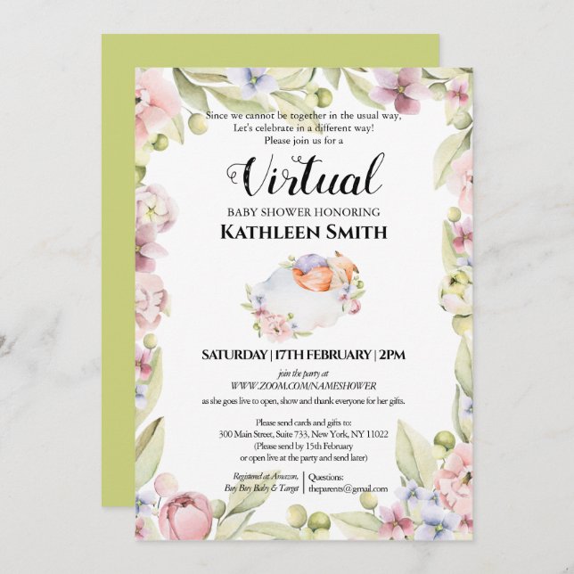 Girl Fox Elegant Floral Greenery Virtual Shower Invitation (Front/Back)