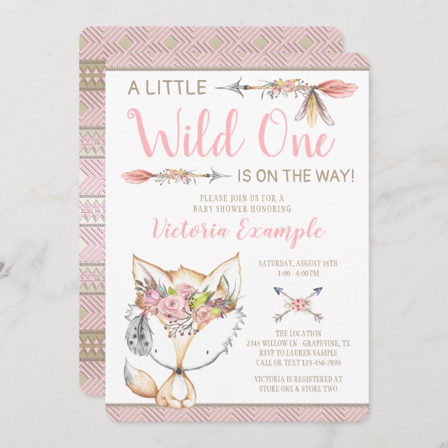Girl Fox Wild One Baby Shower Invitations (Front/Back)
