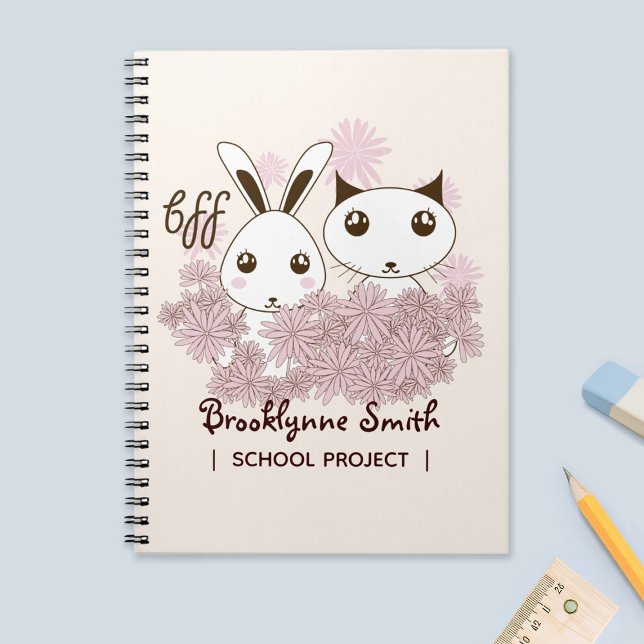 Girl Friendship BFF Cute Cartoon Kitten and Bunny Notebook (Creator Uploaded)