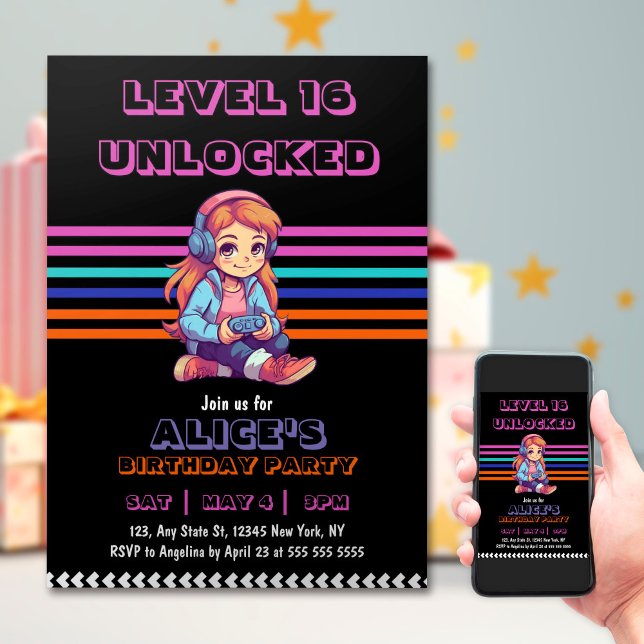 Girl Gaming Video Game Level Up Birthday  Invitation (Creator Uploaded)
