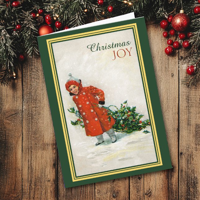 Girl Gathering Holly Vintage Image Christmas Card (Creator Uploaded)