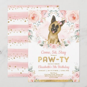Girl German Shepherd Dogs Birthday Pink Gold Party Invitation