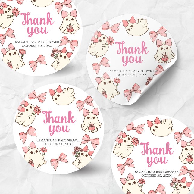 Girl Ghost Little Boo Halloween Baby Shower Classic Round Sticker (Pink Little Boo Halloween Baby Shower Sticker)