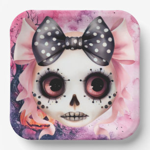 Girl Ghost Skeleton Halloween Pink Themed Paper Plate