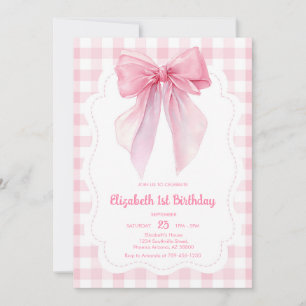 Girl Gingham Coquette Pink Bow Birthday Invitation