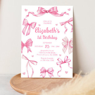Girl Gingham Coquette Pink Bow Birthday Invitation