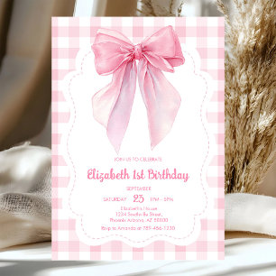 Girl Gingham Coquette Pink Bow Birthday Invitation