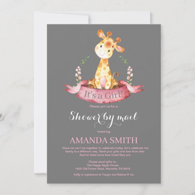 Girl Giraffe Baby Shower by Mail Invitation (Front)