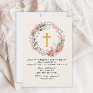 Girl Gold Cross Pink Floral Religious Baptism  Invitation