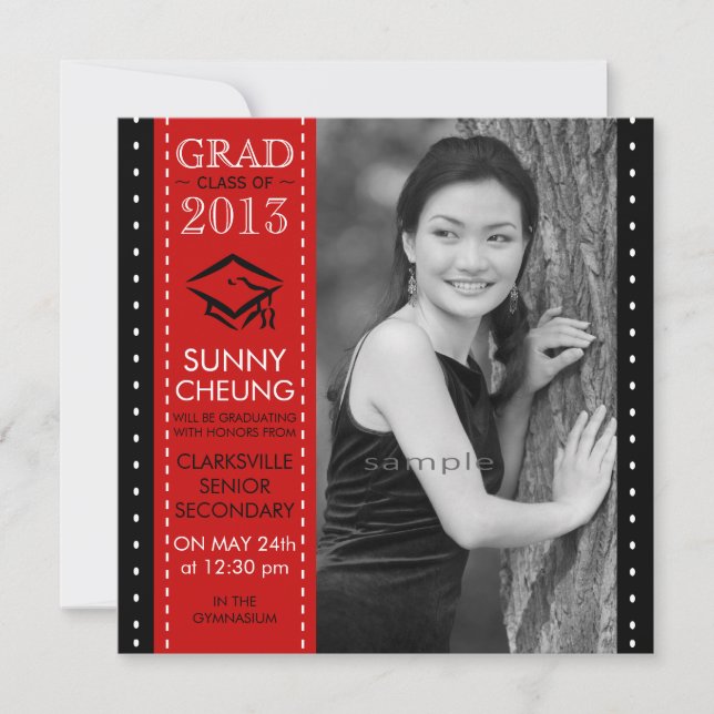 Girl Grad Red and Black Large Photo Graduation Announcement (Front)